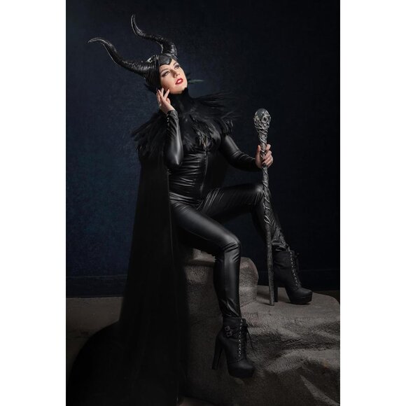 Women Black Witch Raven Costume Halloween Feather Shawl Mesh Cape with Horns Set - Picture 3 of 7